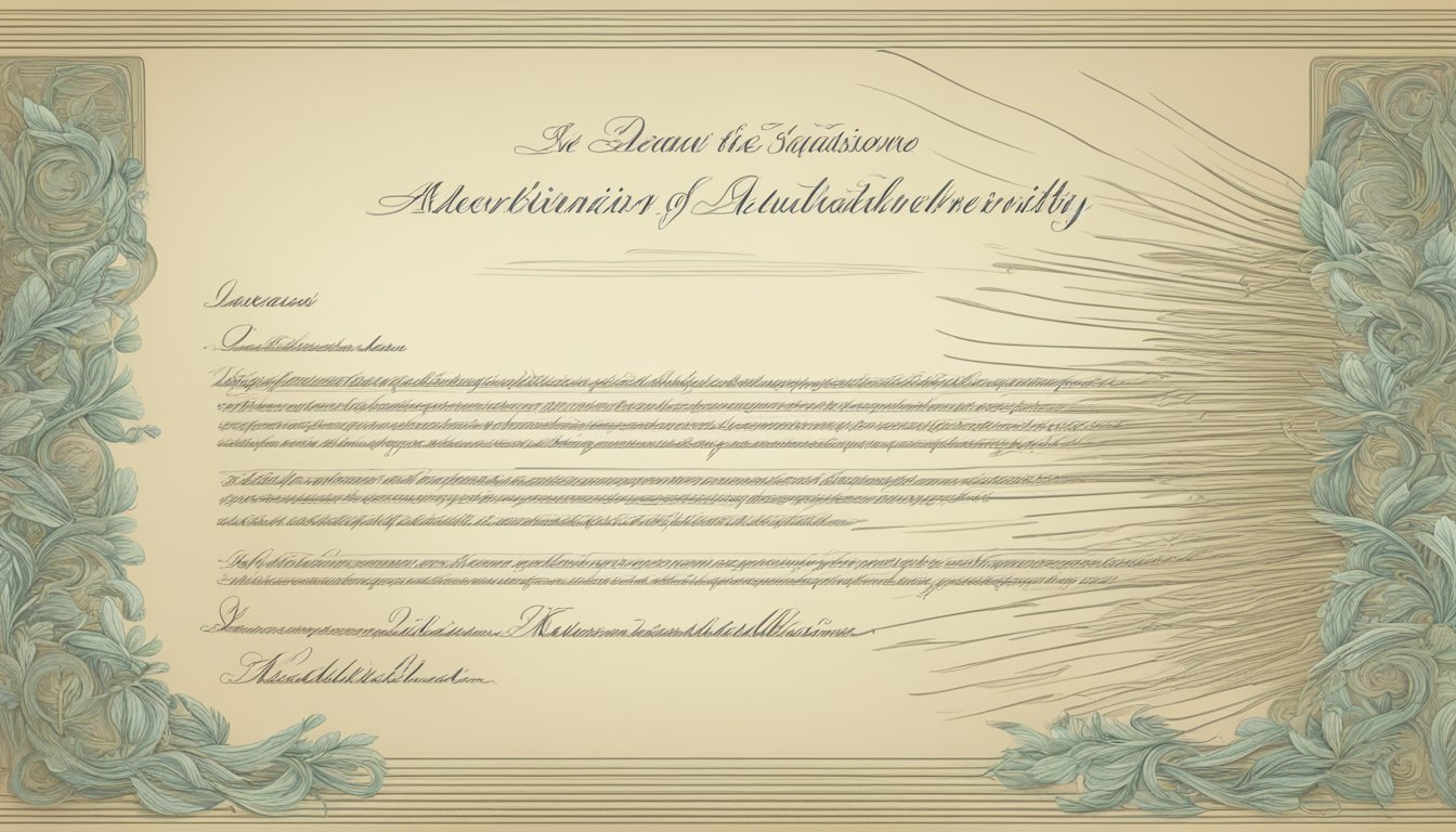 A declaration page with legal text and signature lines, symbolizing importance and authenticity