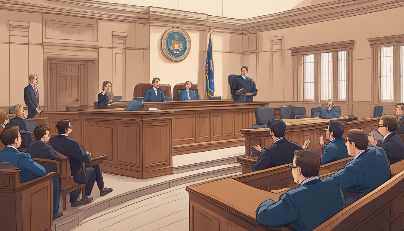 A courtroom with a judge presiding over a case involving uninsured motorist coverage, with lawyers presenting arguments and evidence