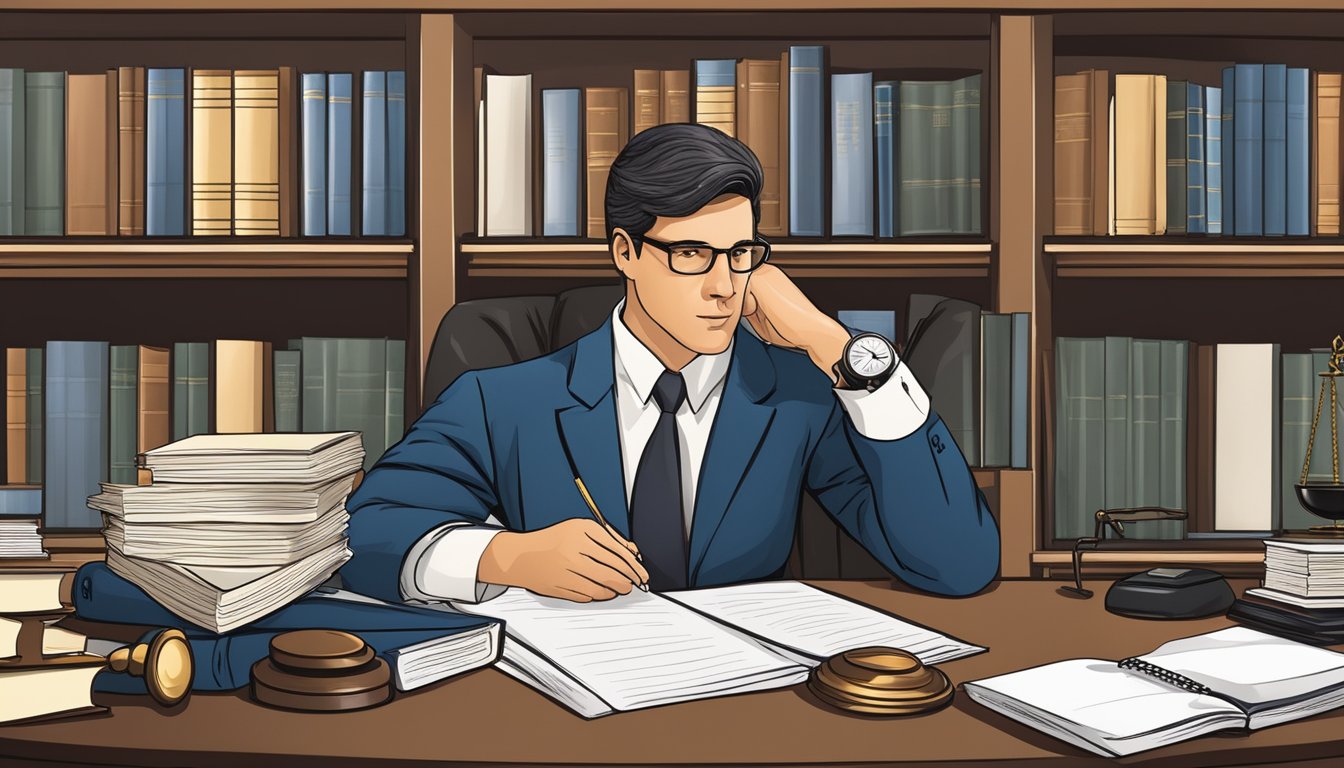 A lawyer reviewing documents, with a scale of justice and law books in the background