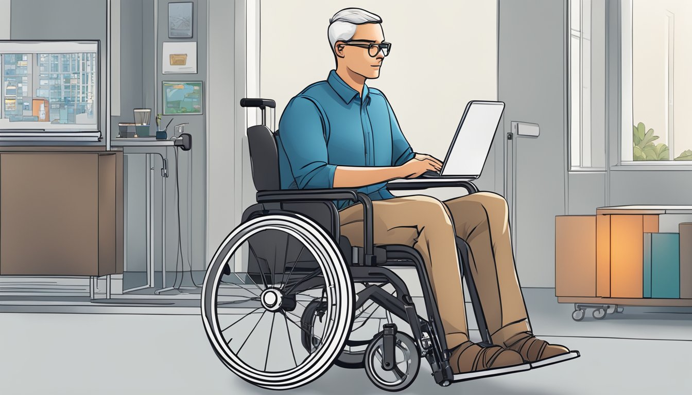 A person in a wheelchair accessing specialized technology and support services