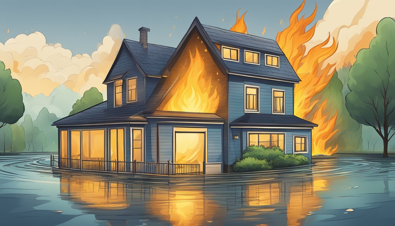 A house surrounded by fire and flood, representing property and casualty insurance