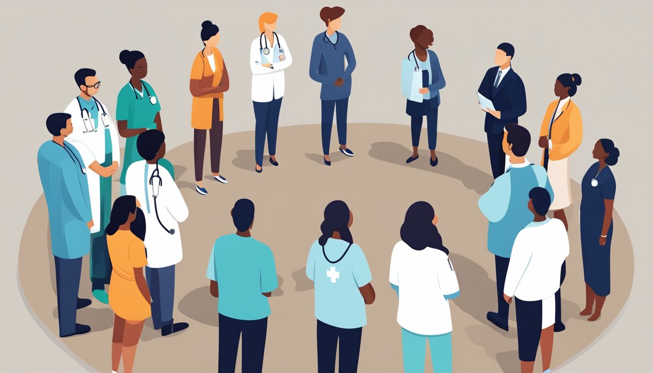 A group of diverse healthcare providers stand in a circle, symbolizing a preferred provider organization.</p><p>Patients approach them with ease, representing easy access to care