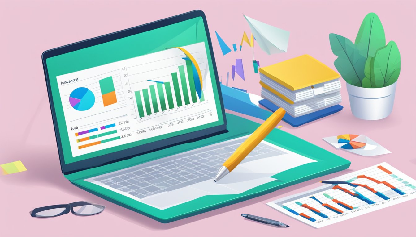 A table with charts and graphs showing different insurance premium strategies.</p><p>A laptop open with a spreadsheet and a pen lying next to it