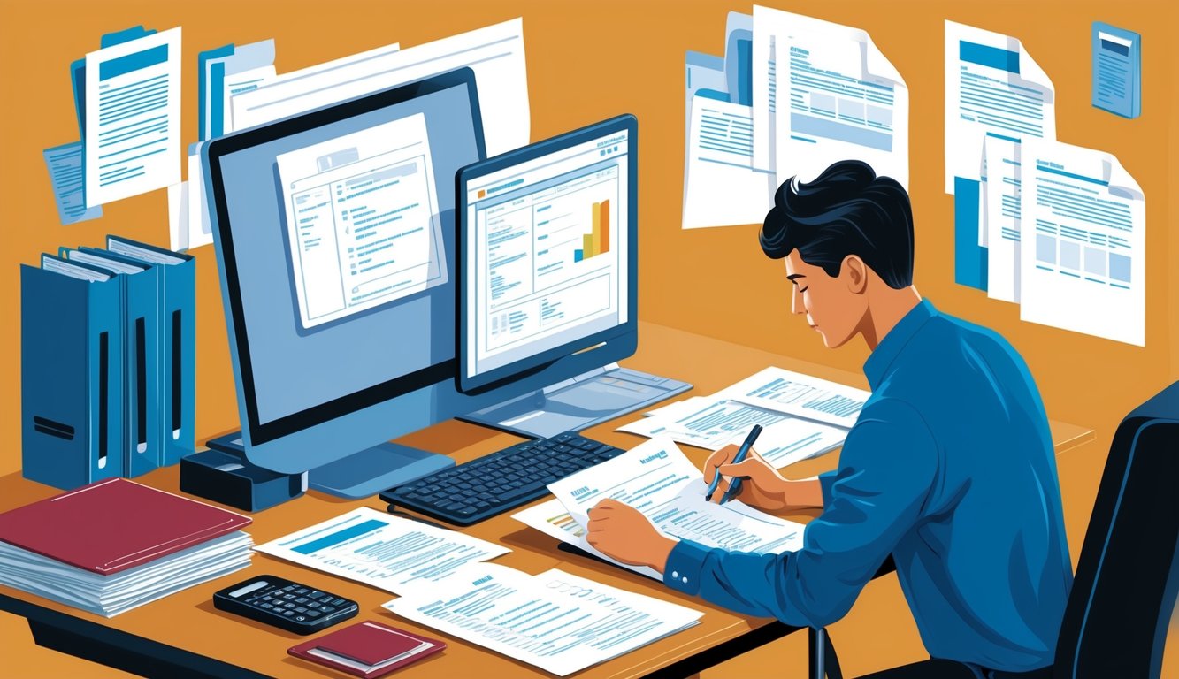 Man working at desk with computer, papers, and calculator