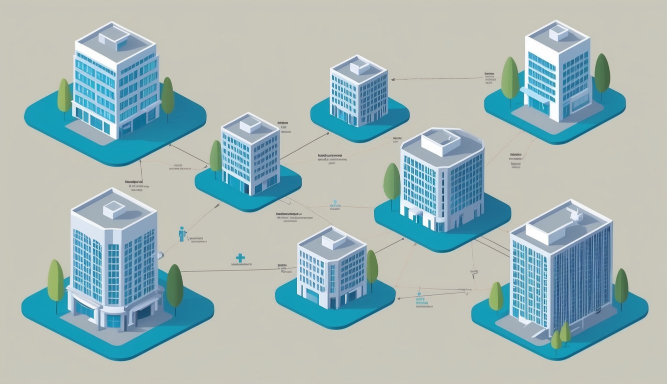 A group of interconnected healthcare providers with various sizes and distances between them, representing a PPO network