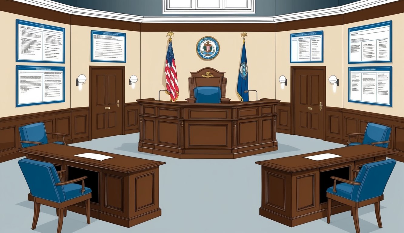 A courtroom with a judge's bench, jury box, and witness stand, with state-specific legal documents and regulations displayed on the walls