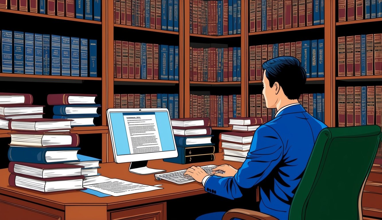 A person sitting at a desk surrounded by shelves of law books and legal documents, typing on a computer and referencing state regulations