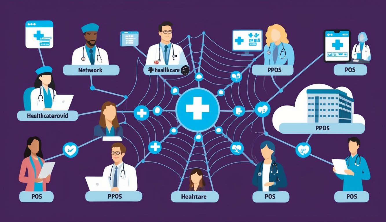 A network of healthcare providers and PPOs interconnected like a web