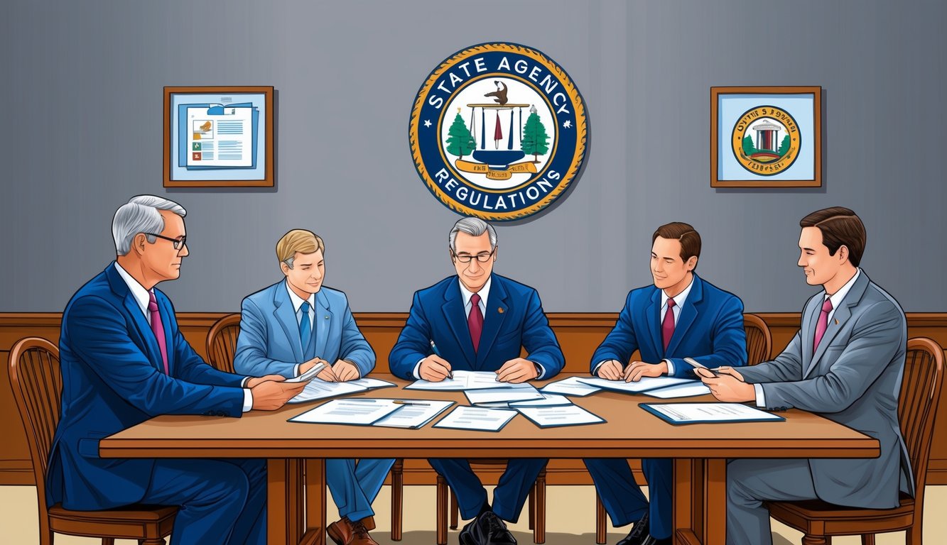 A group of officials sit at a table, reviewing documents and discussing regulations.</p><p>A state agency logo is displayed prominently on the wall