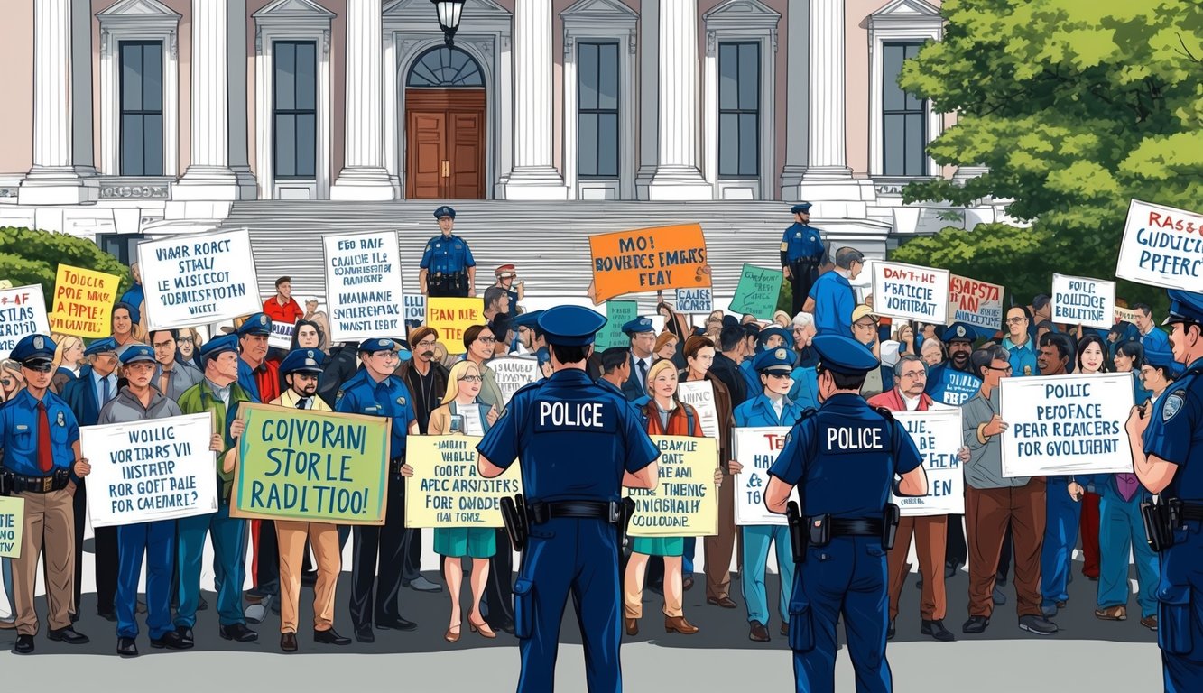 A group of people holding signs and banners outside a government building.</p><p>Police officers are monitoring the crowd