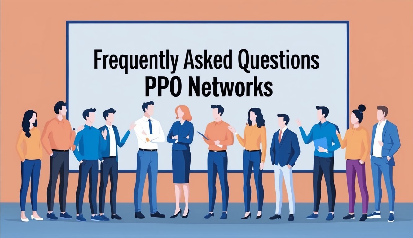 A group of people standing in front of a large sign with the words "Frequently Asked Questions PPO networks" displayed prominently