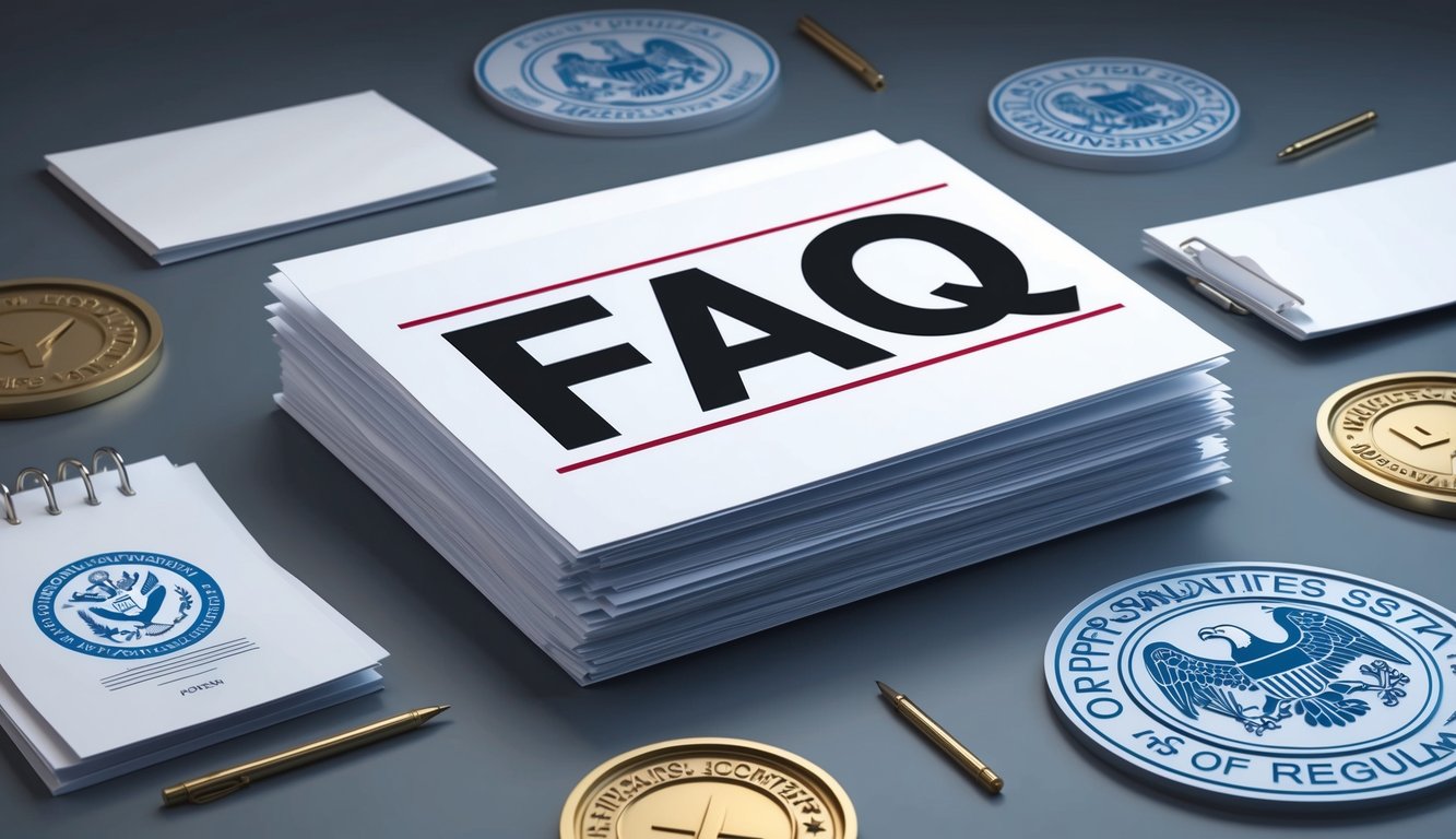 A stack of paper documents with a bold "FAQ" header, surrounded by official seals and symbols of regulation