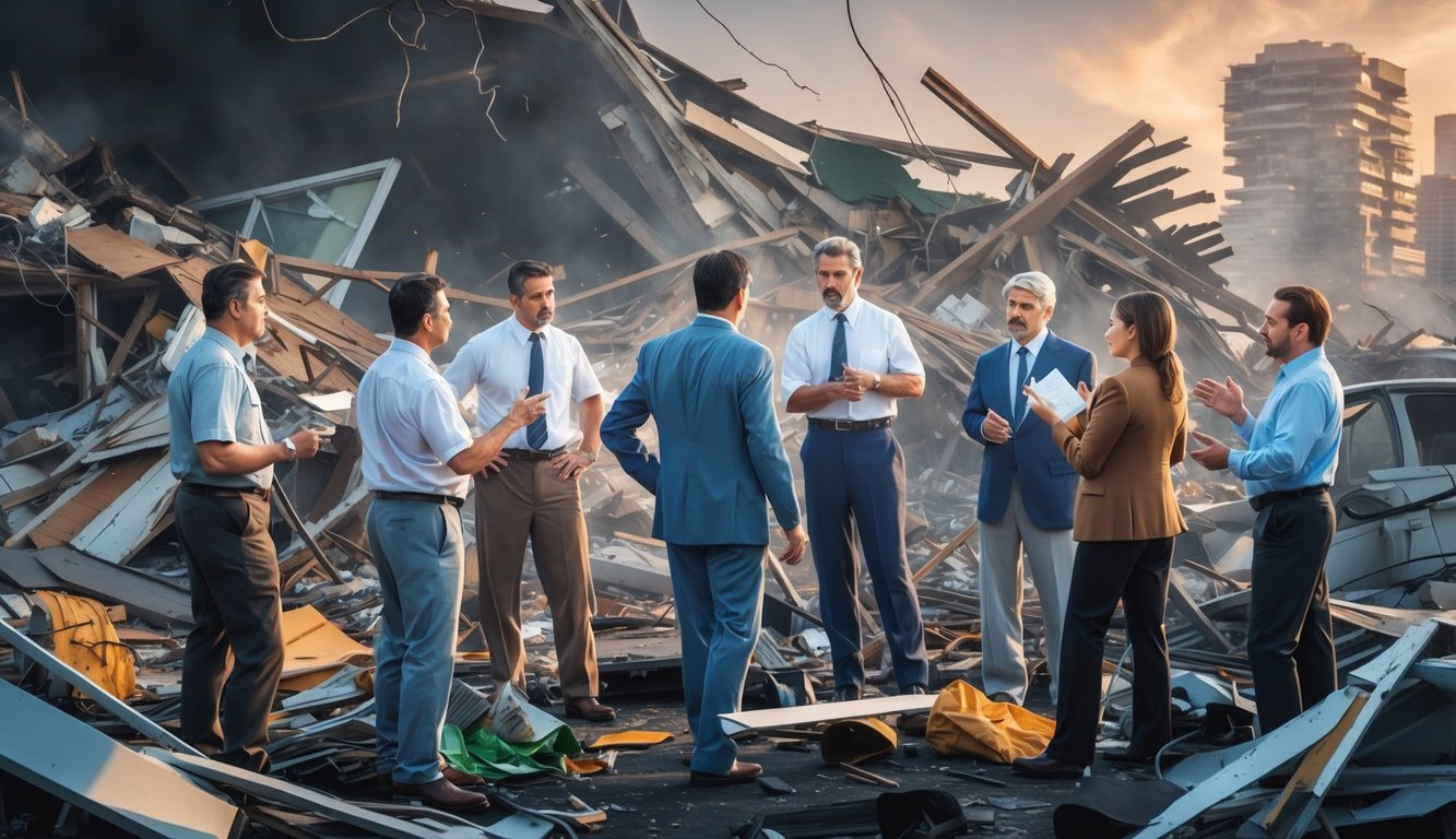 A chaotic scene of destruction and debris with insurance adjusters and claimants in heated discussions