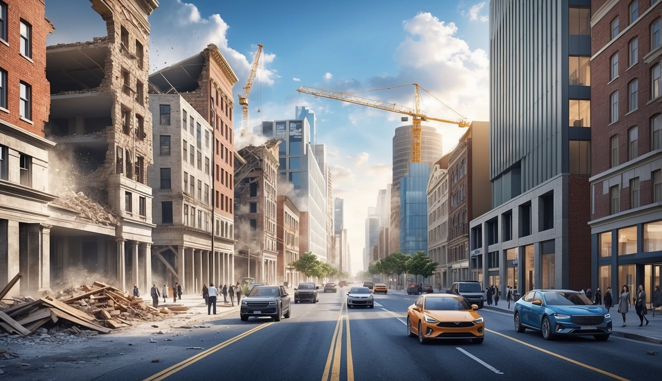 A bustling city street with old, dilapidated buildings being demolished and new modern structures being erected in their place