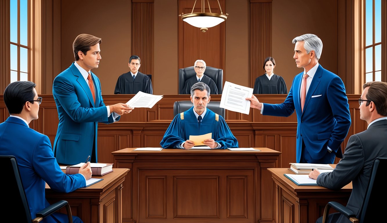 A courtroom scene with lawyers presenting evidence and arguing in front of a judge and jury