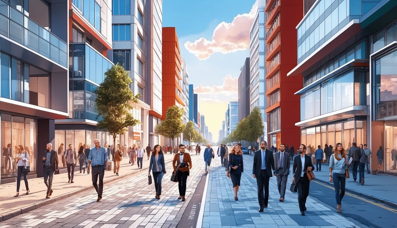 A bustling city street with modern buildings and people walking