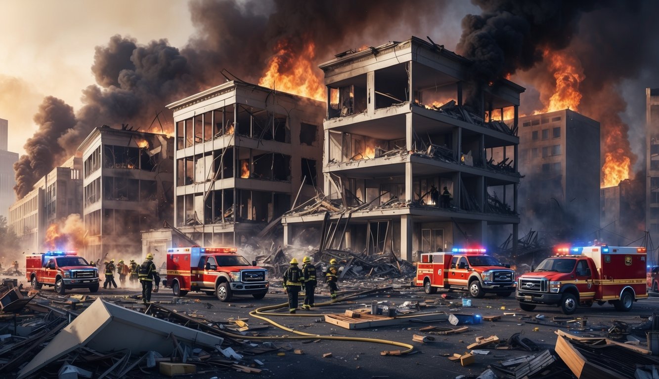 A chaotic disaster scene with damaged buildings, scattered debris, and emergency vehicles responding amidst a backdrop of smoke and flames