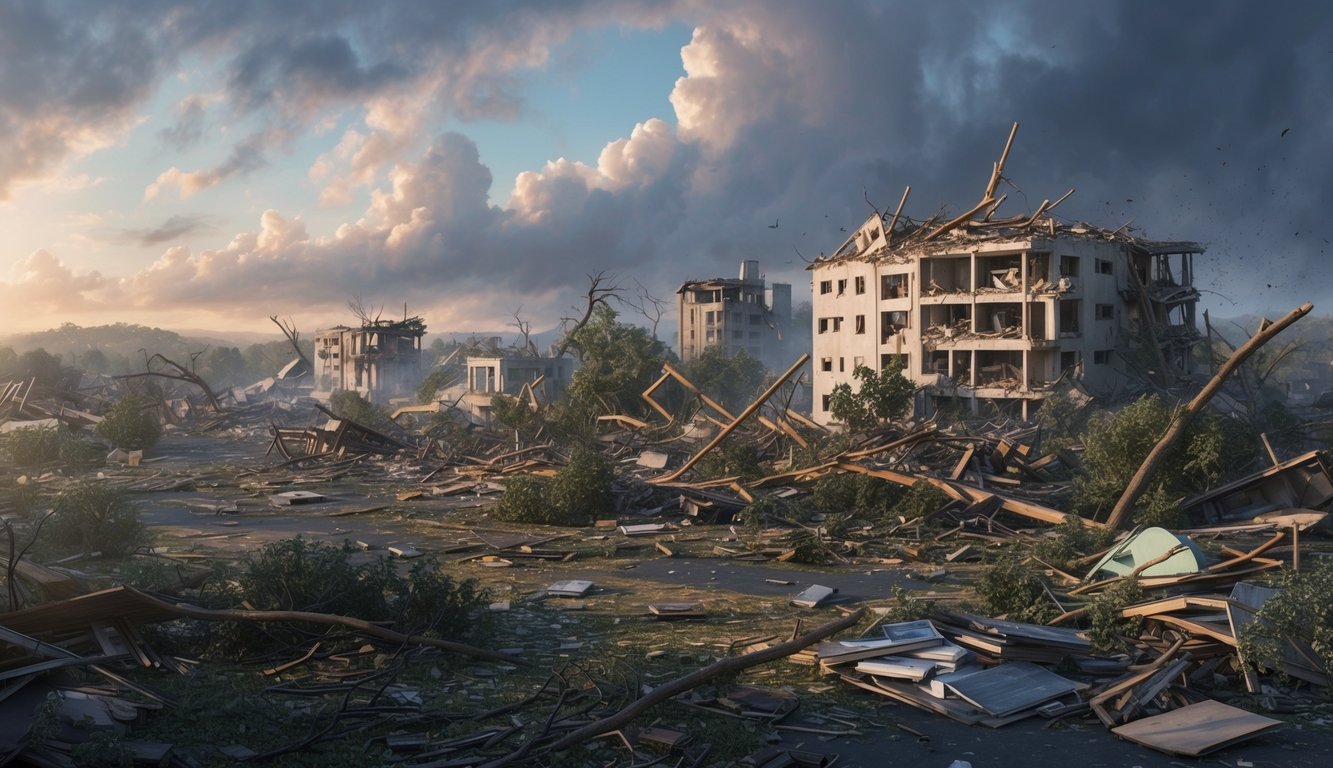 A chaotic scene of destruction with damaged buildings, fallen trees, and debris scattered across the landscape, illustrating the aftermath of a catastrophe