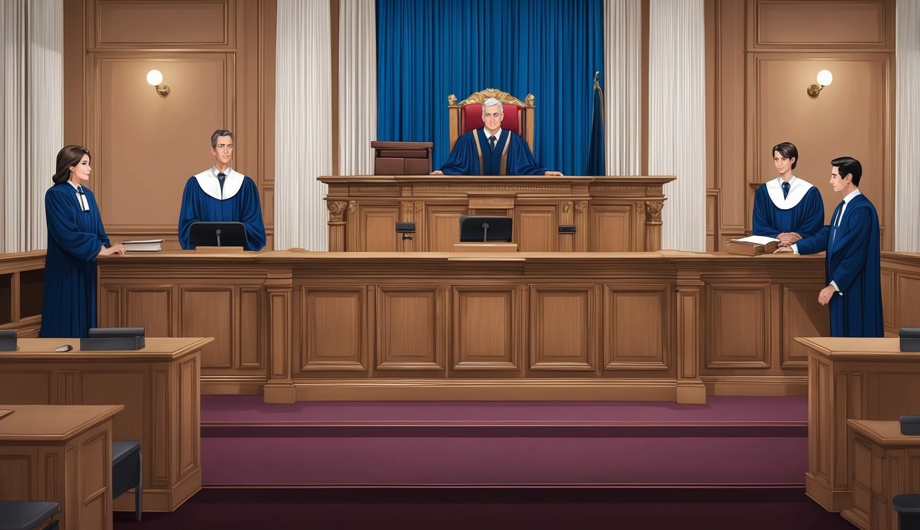 A courtroom with a judge's bench, lawyers, and a witness stand