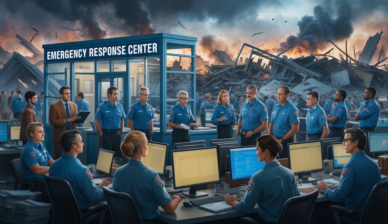 A bustling emergency response center, with staff fielding questions and coordinating resources amidst a backdrop of chaos and destruction