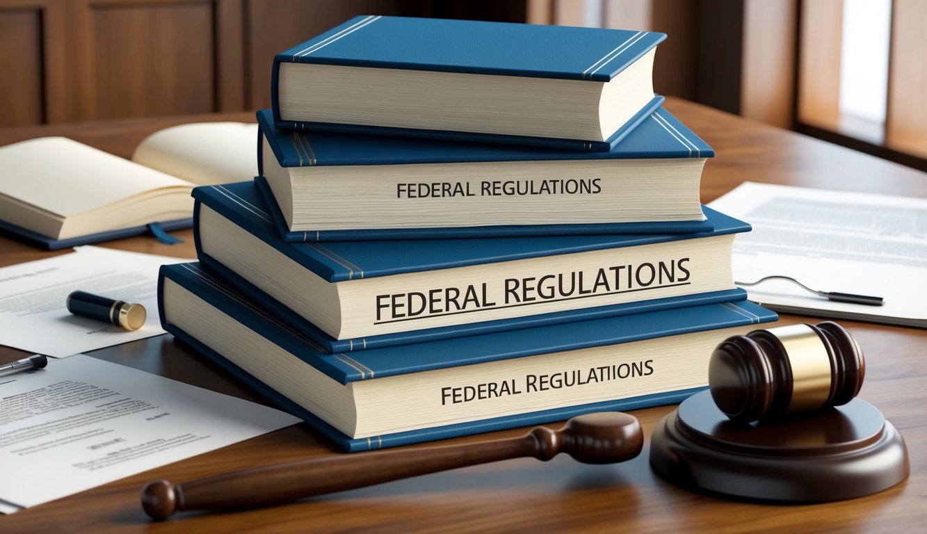 A stack of thick books labeled "Federal Regulations" surrounded by legal documents and a gavel on a wooden desk