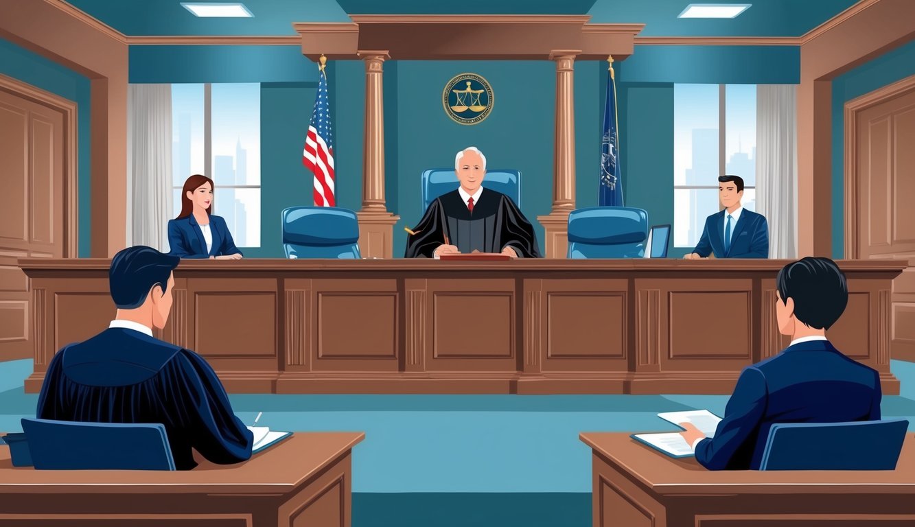 A courtroom with a judge presiding over a legal dispute between two parties regarding employment law and workplace issues