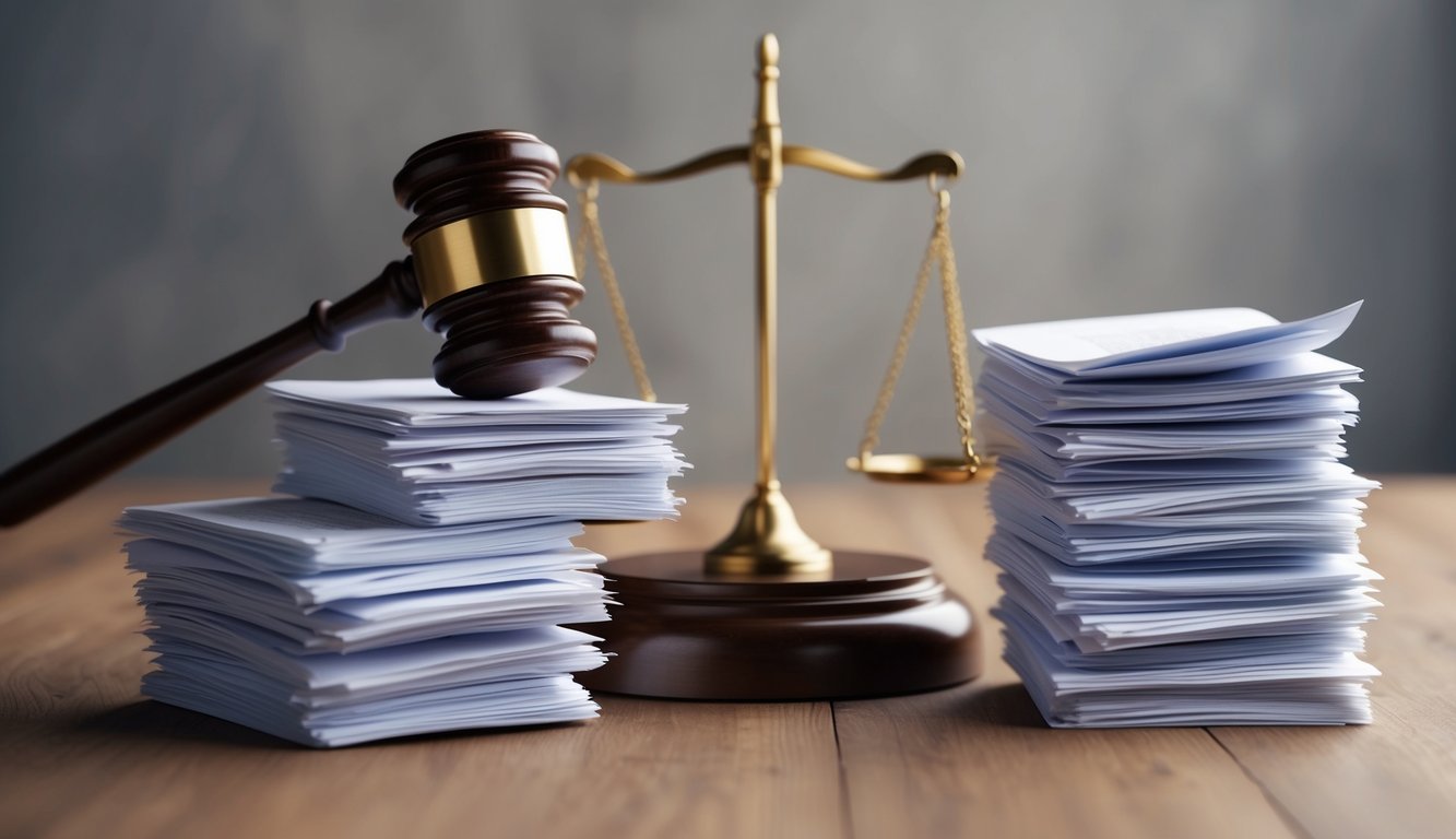 A stack of legal documents with a gavel and scales of justice in the background