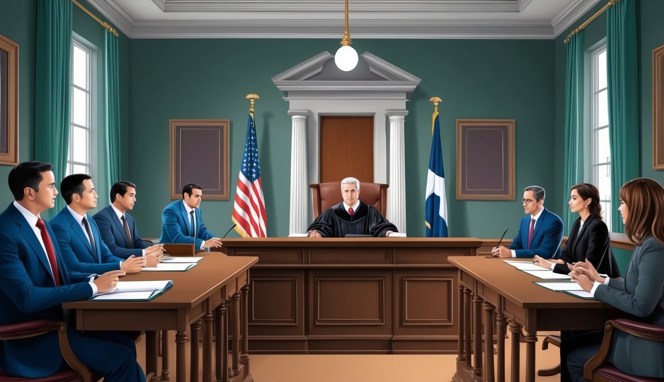 A courtroom with lawyers presenting arguments and a judge presiding over the litigation process