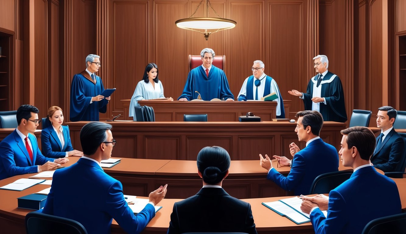 A courtroom with lawyers, judges, and clients engaged in discussions and negotiations