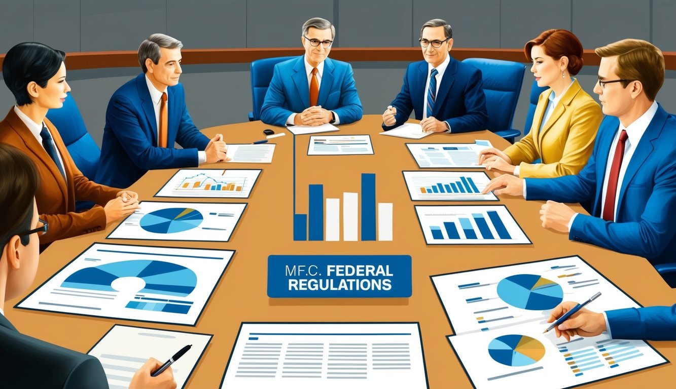 A group of people engaging in a discussion about federal regulations, with various documents and charts displayed on a large conference table