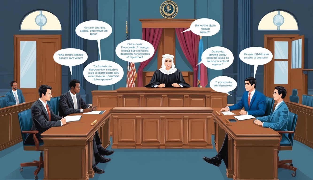 A courtroom with a judge, lawyers, and clients engaged in legal discussions and debates over frequently asked questions