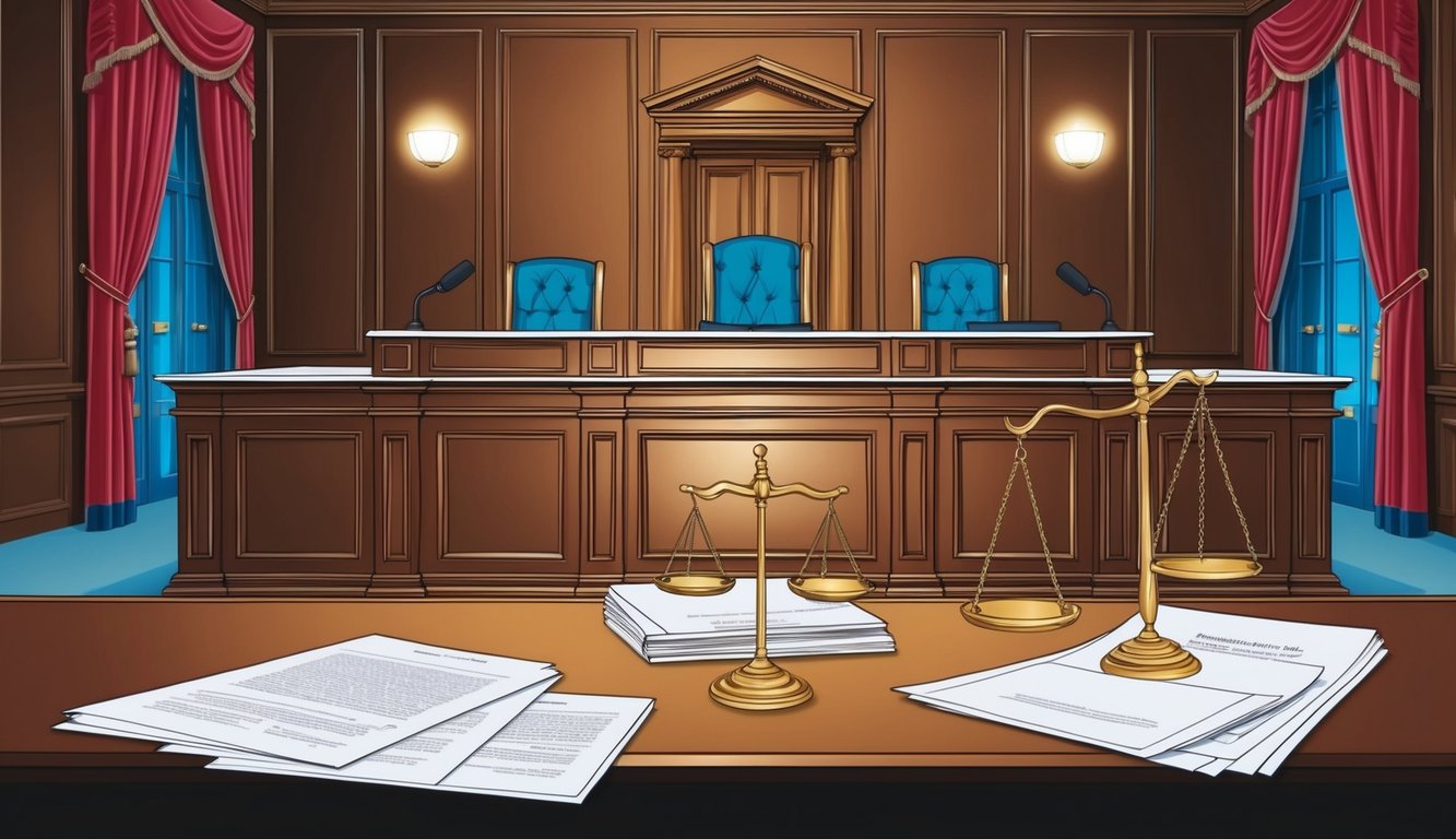 A courtroom with a judge's bench, legal documents, and scales of justice