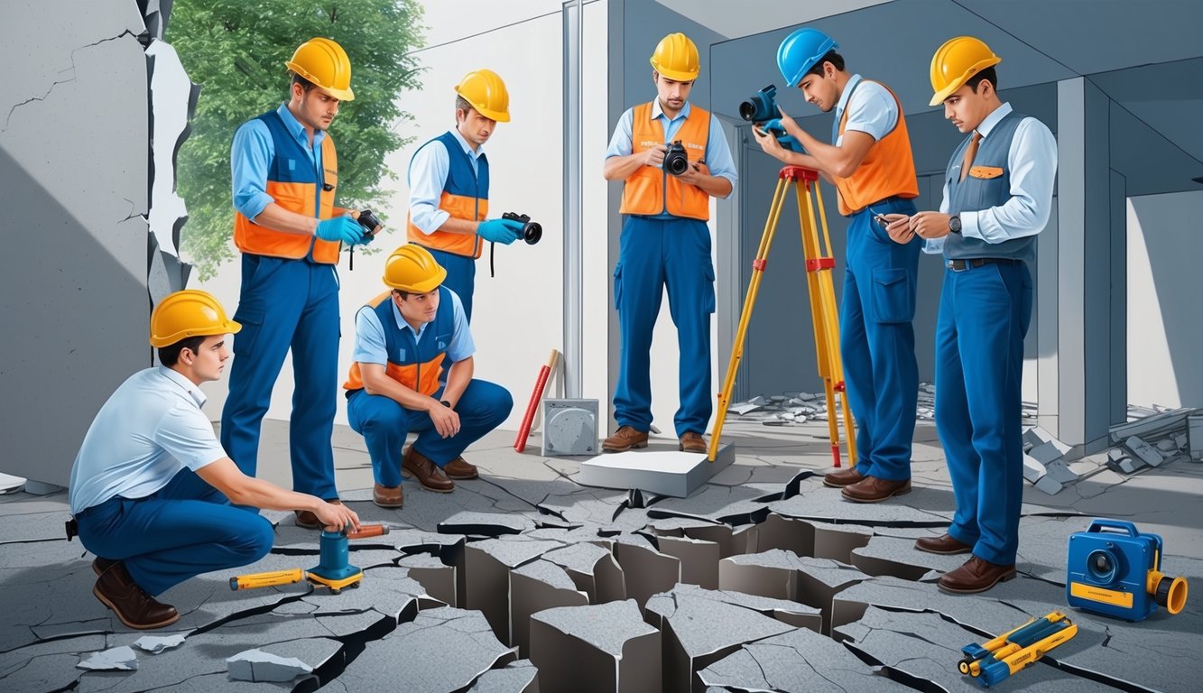 A team of engineers examines a cracked building foundation with measuring tools and cameras, while others inspect damaged walls and infrastructure post earthquake