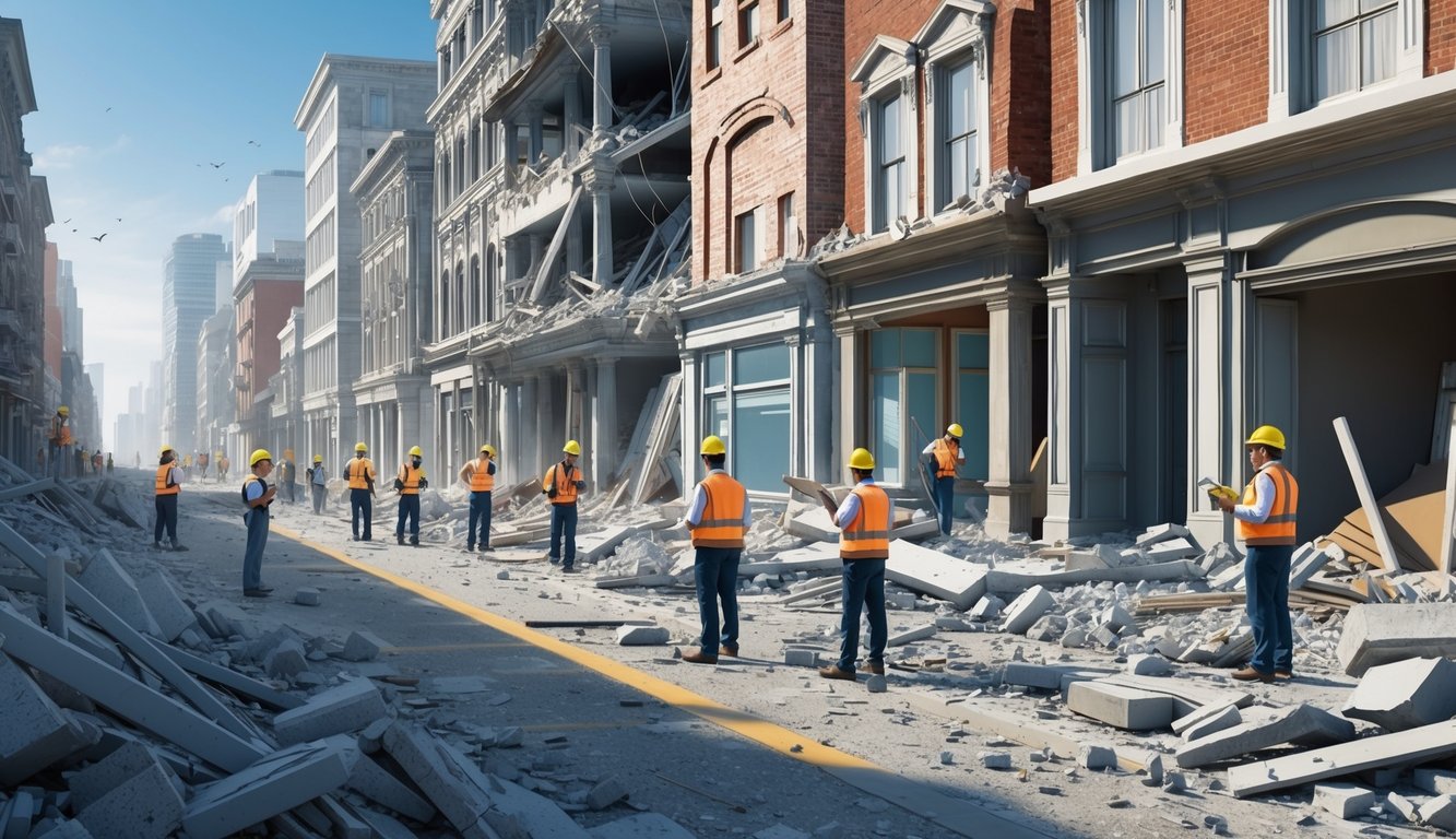 A city street lined with damaged buildings and rubble, with surveyors and engineers assessing the structural integrity of properties post-earthquake