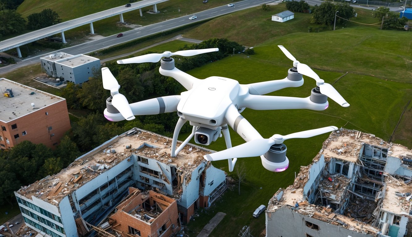 Aerial drone capturing damaged buildings and infrastructure for post-earthquake property assessment