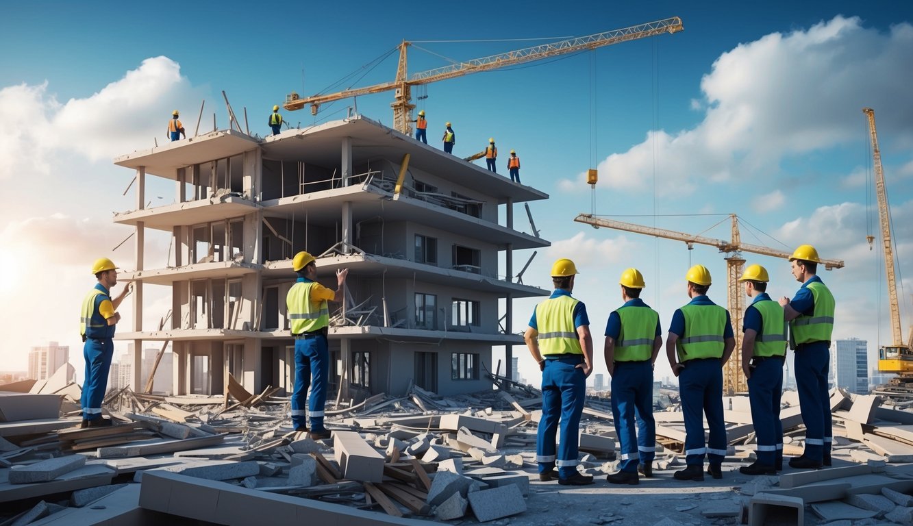 A team of engineers and inspectors assess structural damage to buildings and infrastructure after an earthquake