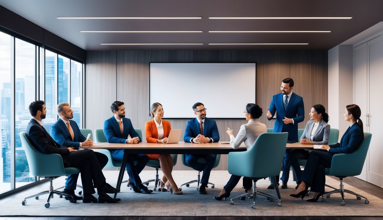 A group of insurance professionals discussing tail coverage benefits in a modern office boardroom