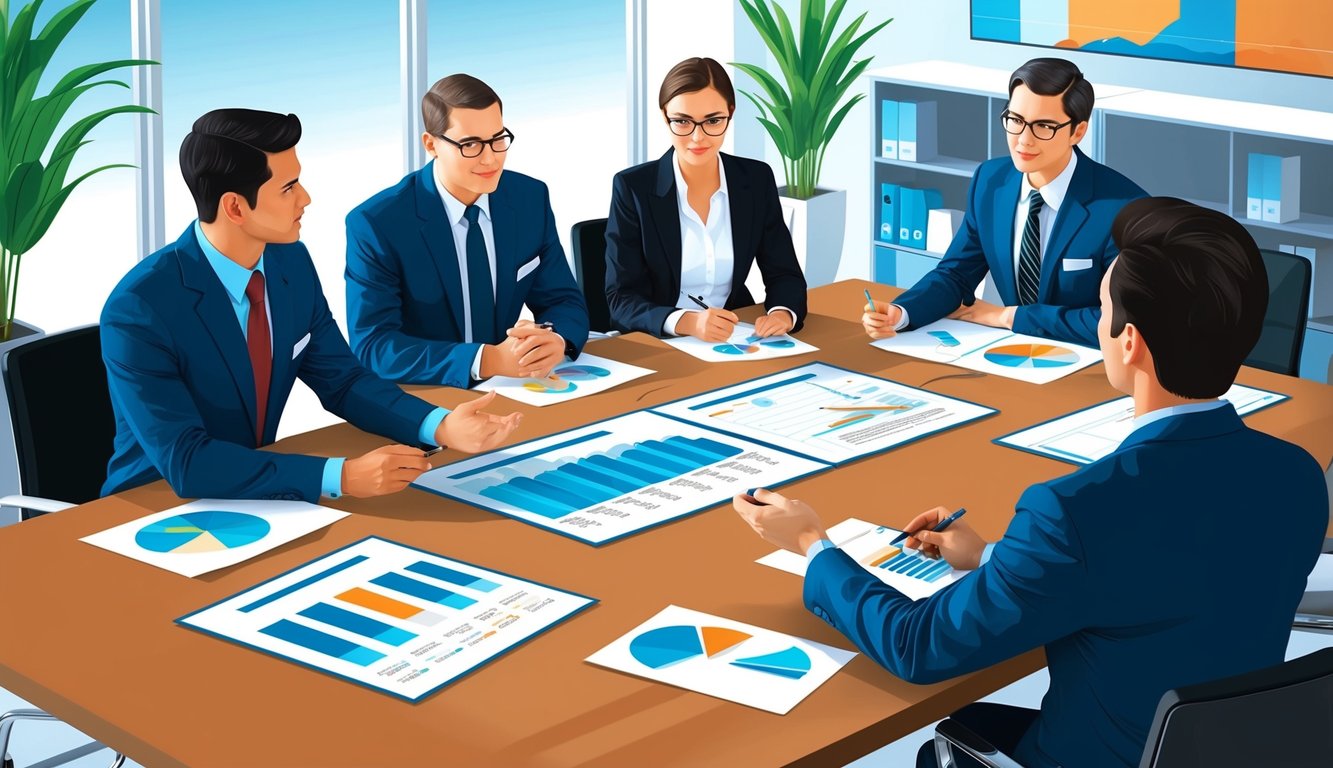 A group of professionals discussing insurance coverage in a modern office setting with charts and documents spread out on a conference table