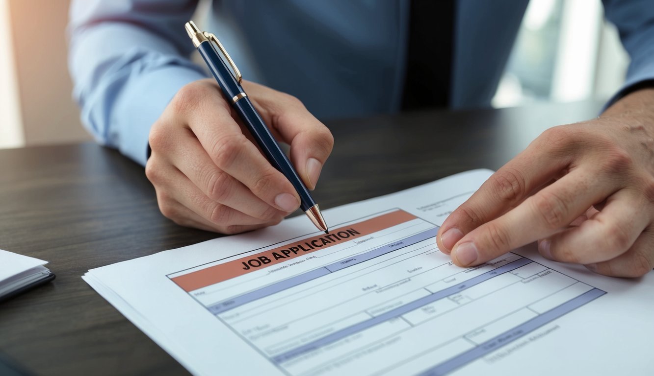 A hand holding a pen filling out a job application form