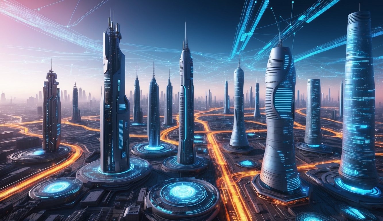 A futuristic cityscape with interconnected digital networks and data streams