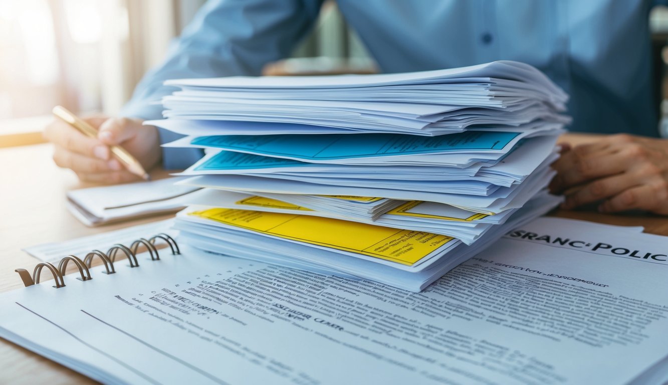 A stack of insurance policy documents with highlighted sections and a list of exclusions