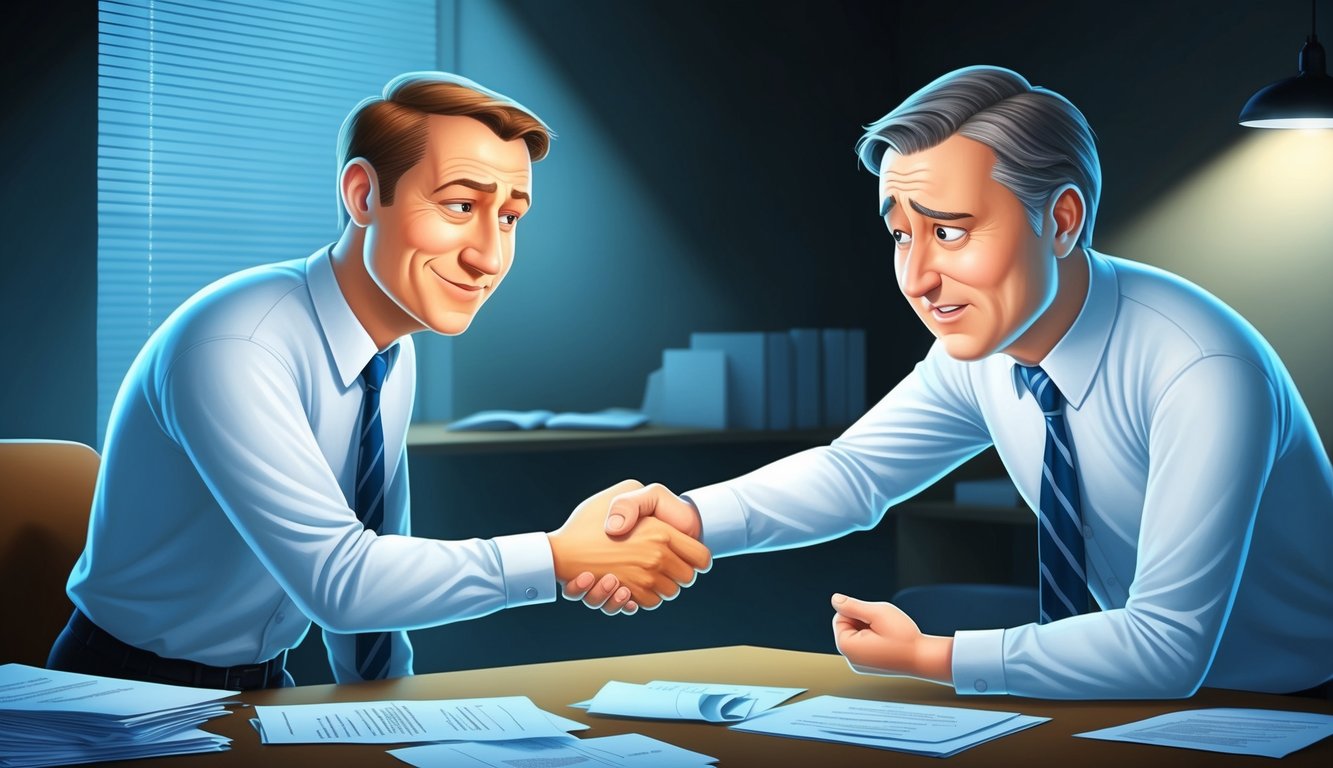 Two figures shaking hands, one with a sly expression while the other looks confused and betrayed.</p><p>The setting is a dimly lit office with documents strewn about