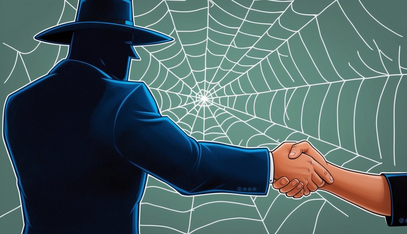 A shadowy figure casts doubt over a handshake, while a web of lies spreads in the background