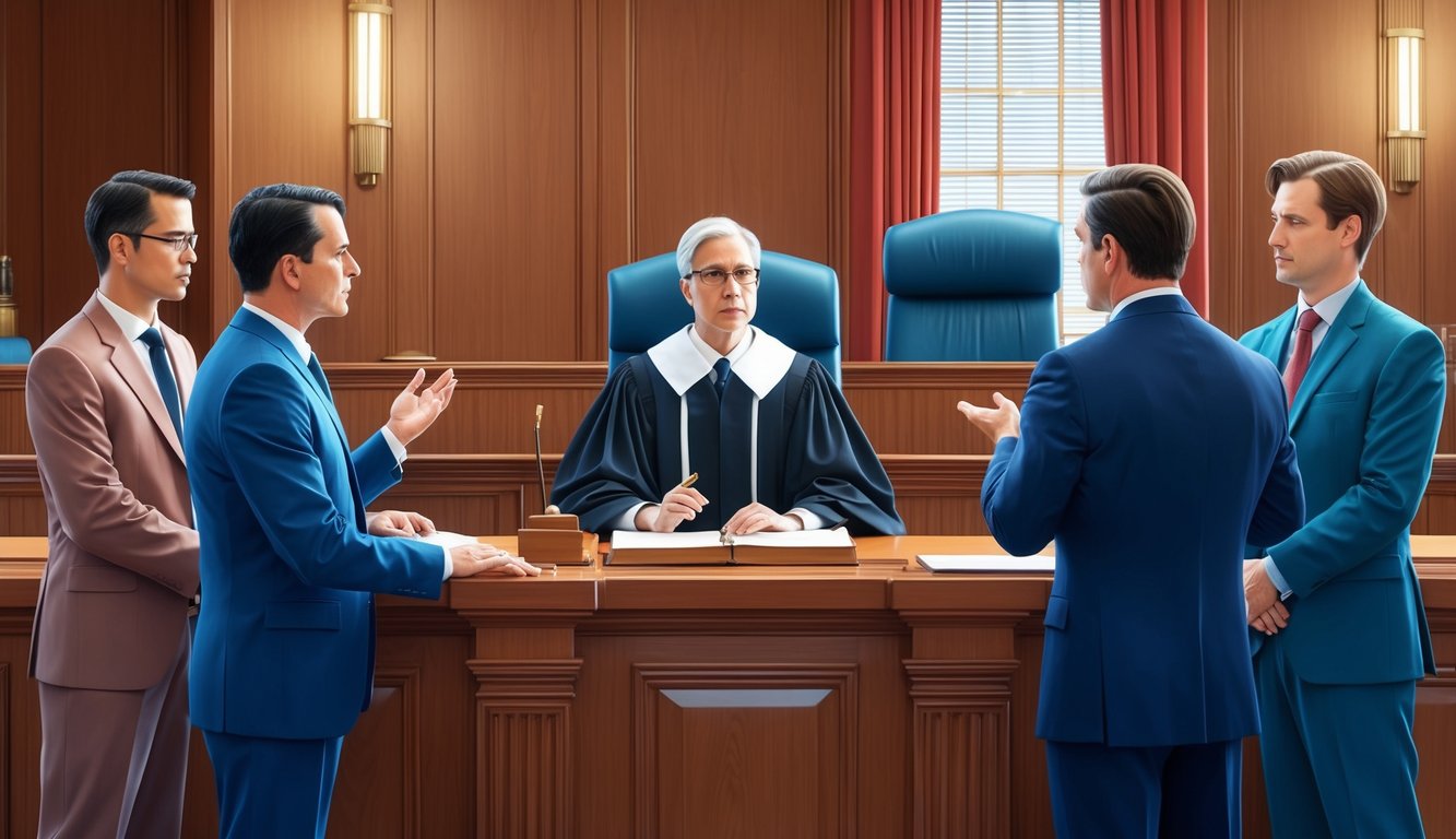 A courtroom with a judge and lawyers discussing insurance policy exclusions