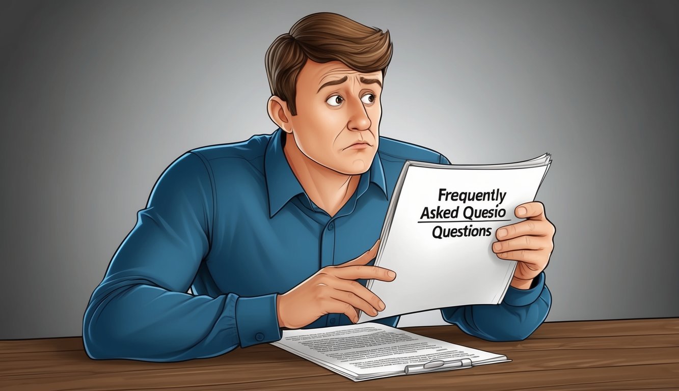 A person looking confused while reading a document labeled "Frequently Asked Questions" with a skeptical expression on their face