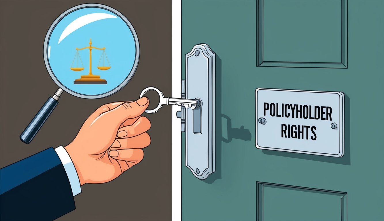 A person holding a key, unlocking a door labeled "Policyholder Rights" with a magnifying glass and a scale in the background