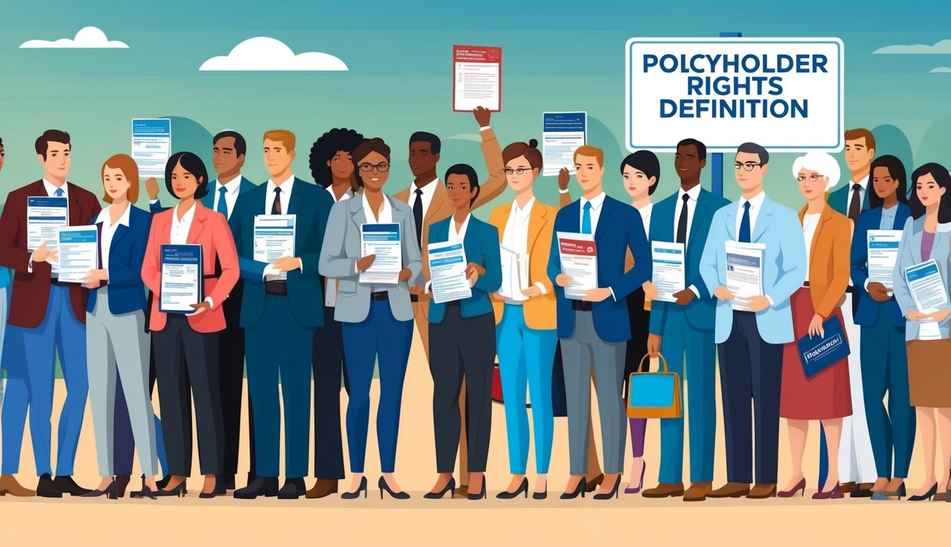 A diverse group of people standing in line, each holding different types of insurance policies, while a sign displays "Policyholder Rights Definition."