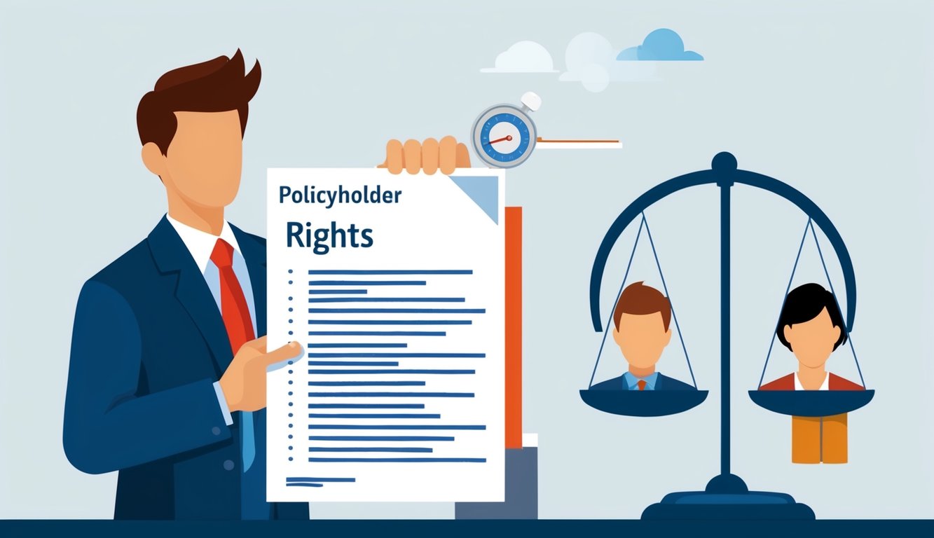 A policyholder holding a document with a list of rights, while a large scale balances the responsibilities on the other side