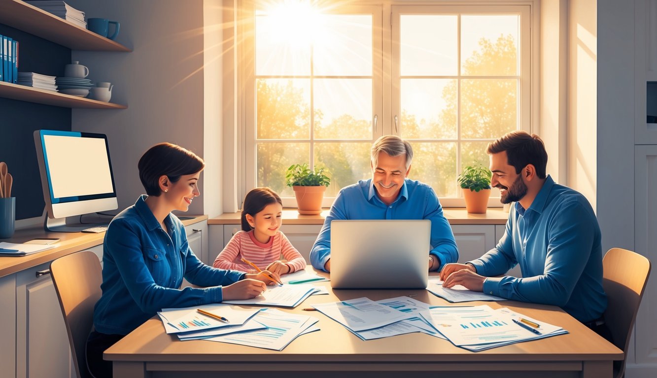 A family sits at a kitchen table, surrounded by paperwork and a computer.</p><p>Sunlight streams in through the window, casting a warm glow on the scene