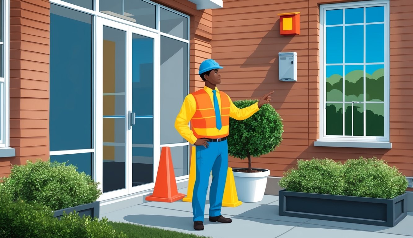 A property owner inspecting a well-maintained building exterior and ensuring that all safety features are in place and functioning properly